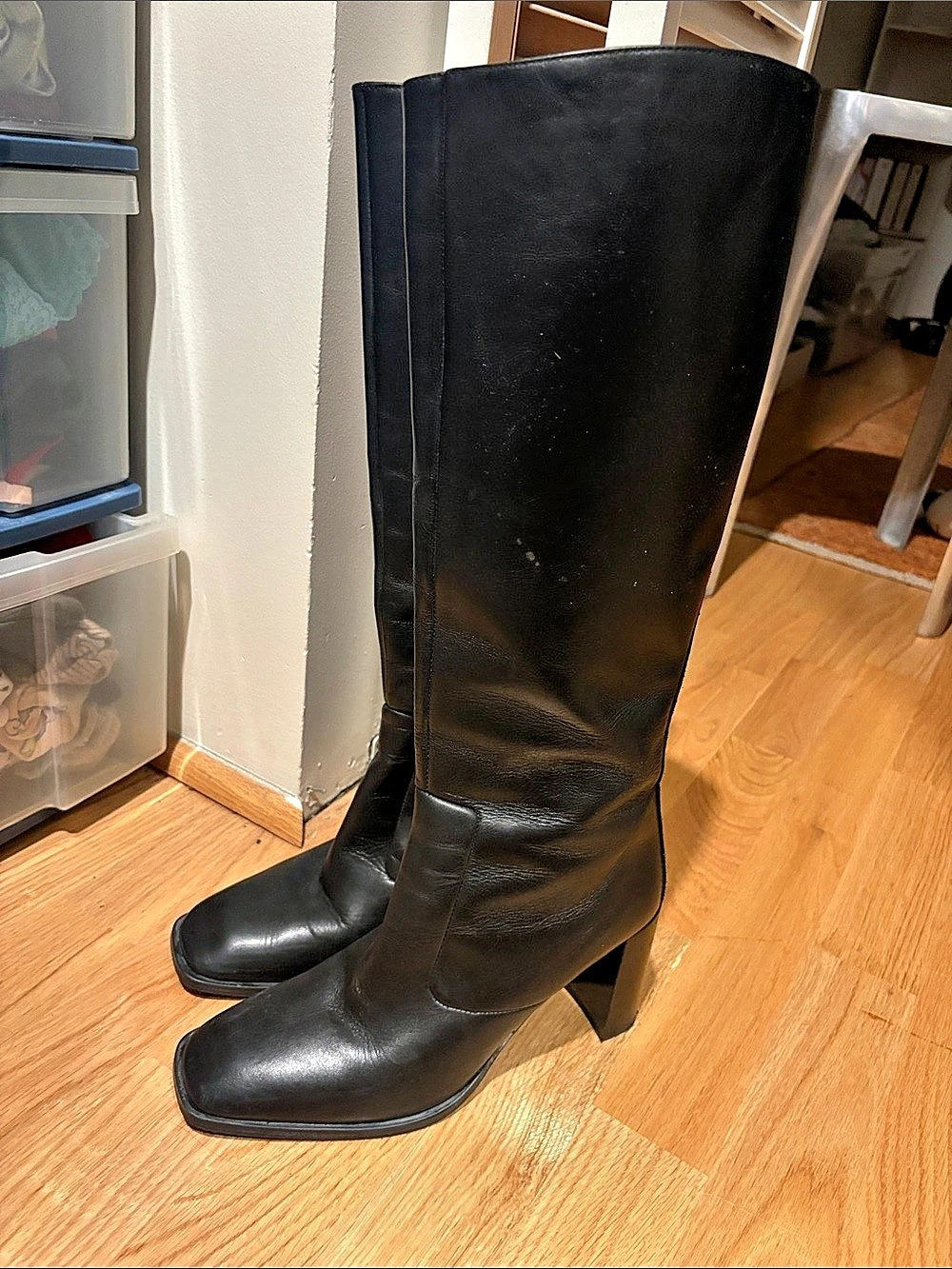 Zara Black Leather Knee-High Heeled Boots EU 40